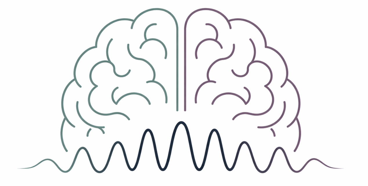 Minimalist logo of a stylized brain with teal and purple hemispheres connected by an alpha wave line forming a bridge beneath.